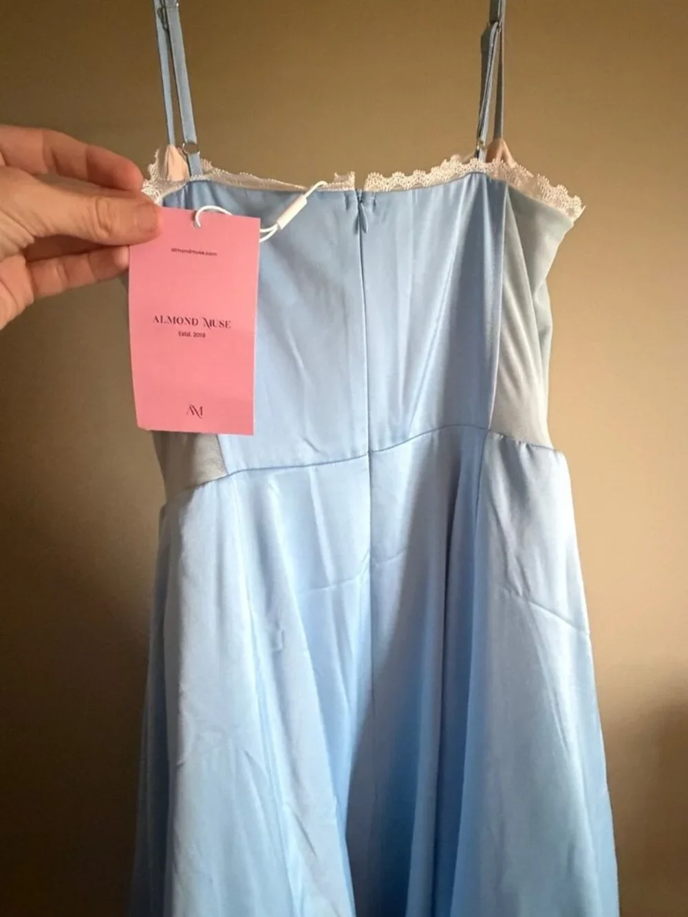 Almond Muse Selene Light Blue Fit-and-Flare Midi Dress with Spaghetti Straps - Picture 3 of 7